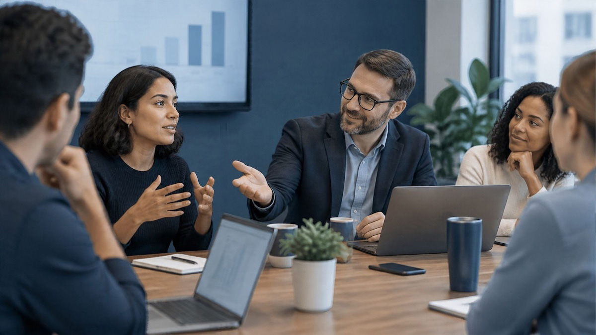 Meeting leader gestures toward a woman to give her the floor as colleagues listen, showing what leaders allow in meetings.