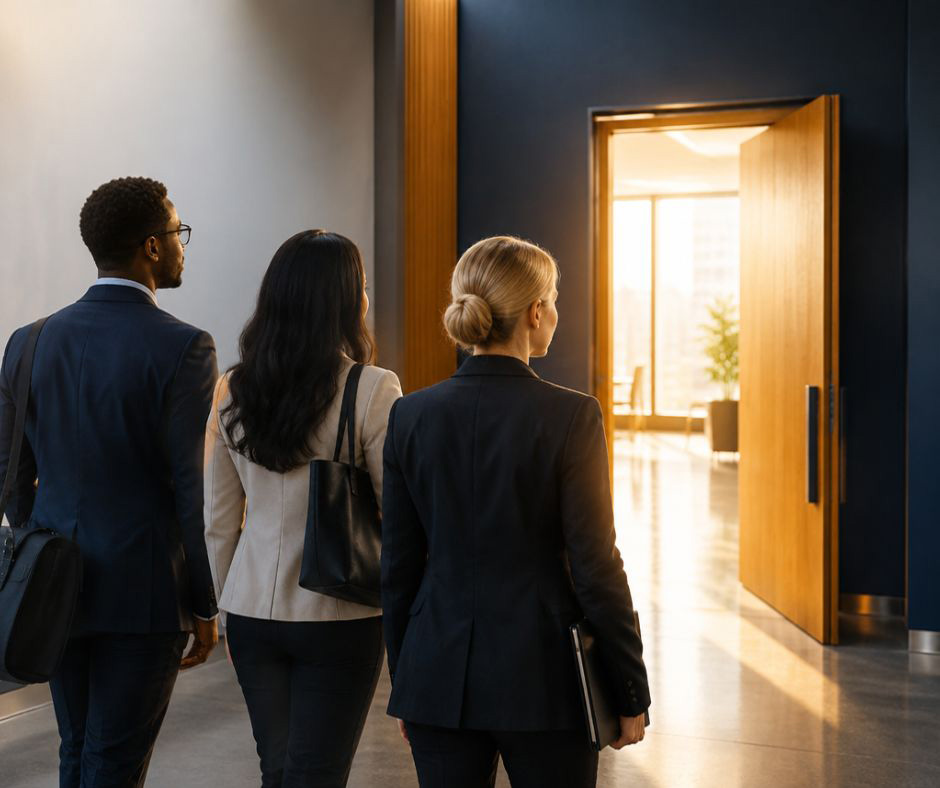 Three employees standing before an open door, representing new opportunities for growth